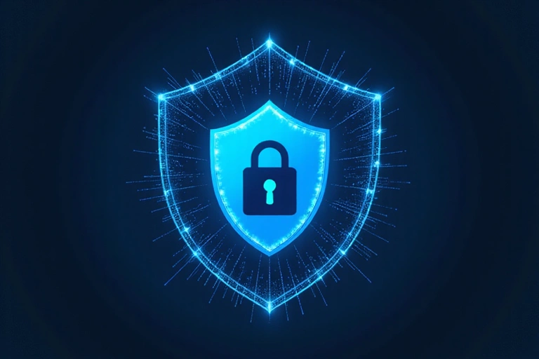 A padlock icon surrounded by a digital shield, representing robust data security and protection.