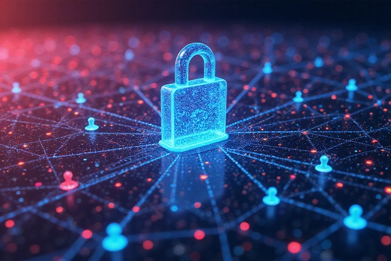 Abstract representation of data flow and security, illustrating how user data is processed securely.