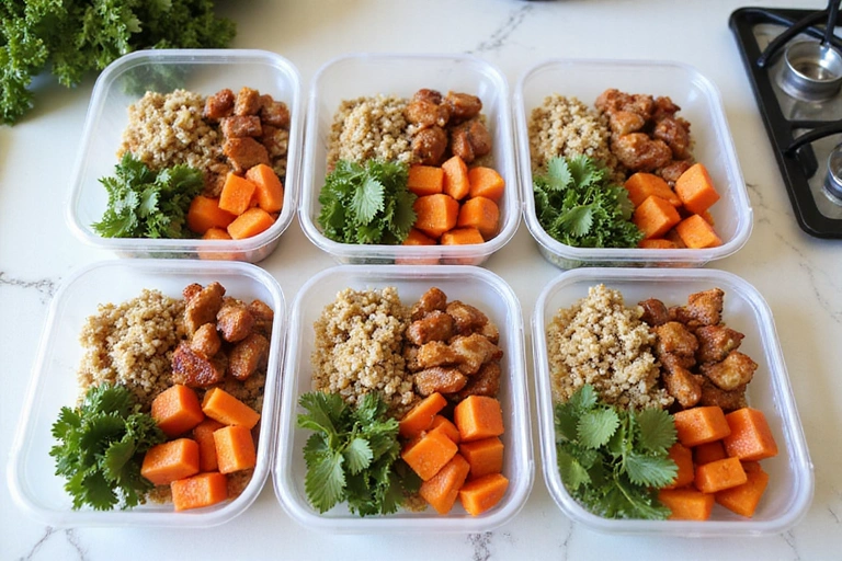 A beautifully arranged meal prep containers with healthy, colorful food, like chicken, vegetables, and quinoa, ready for the week. The setting is a clean kitchen counter.