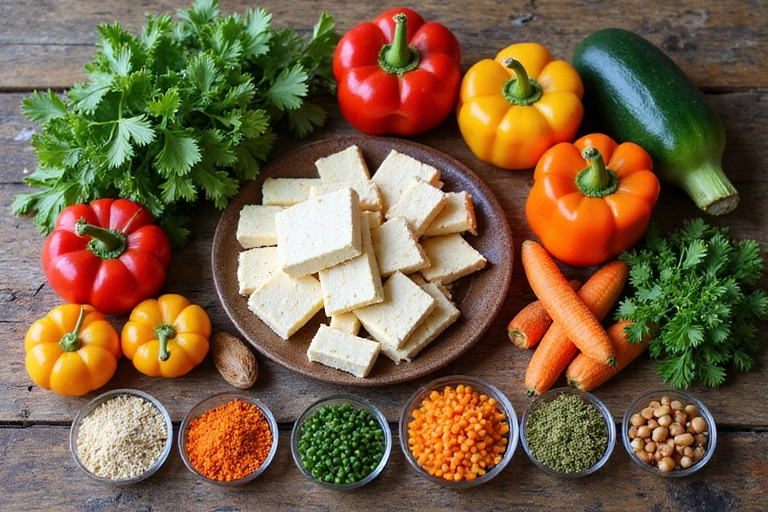 A colorful array of fresh vegetarian and vegan ingredients like vibrant vegetables, legumes, and tofu on a rustic wooden table, showcasing the richness of plant-based eating.